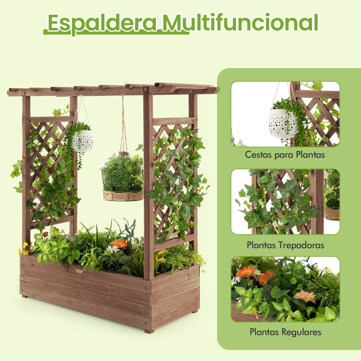 Jardinera Elevado con Enrejado Arqueado de Plantas Techo Colgante Macetero Orificios de Drenaje Contenedor Patio 100 x 44 x 113,5 cm Marrón