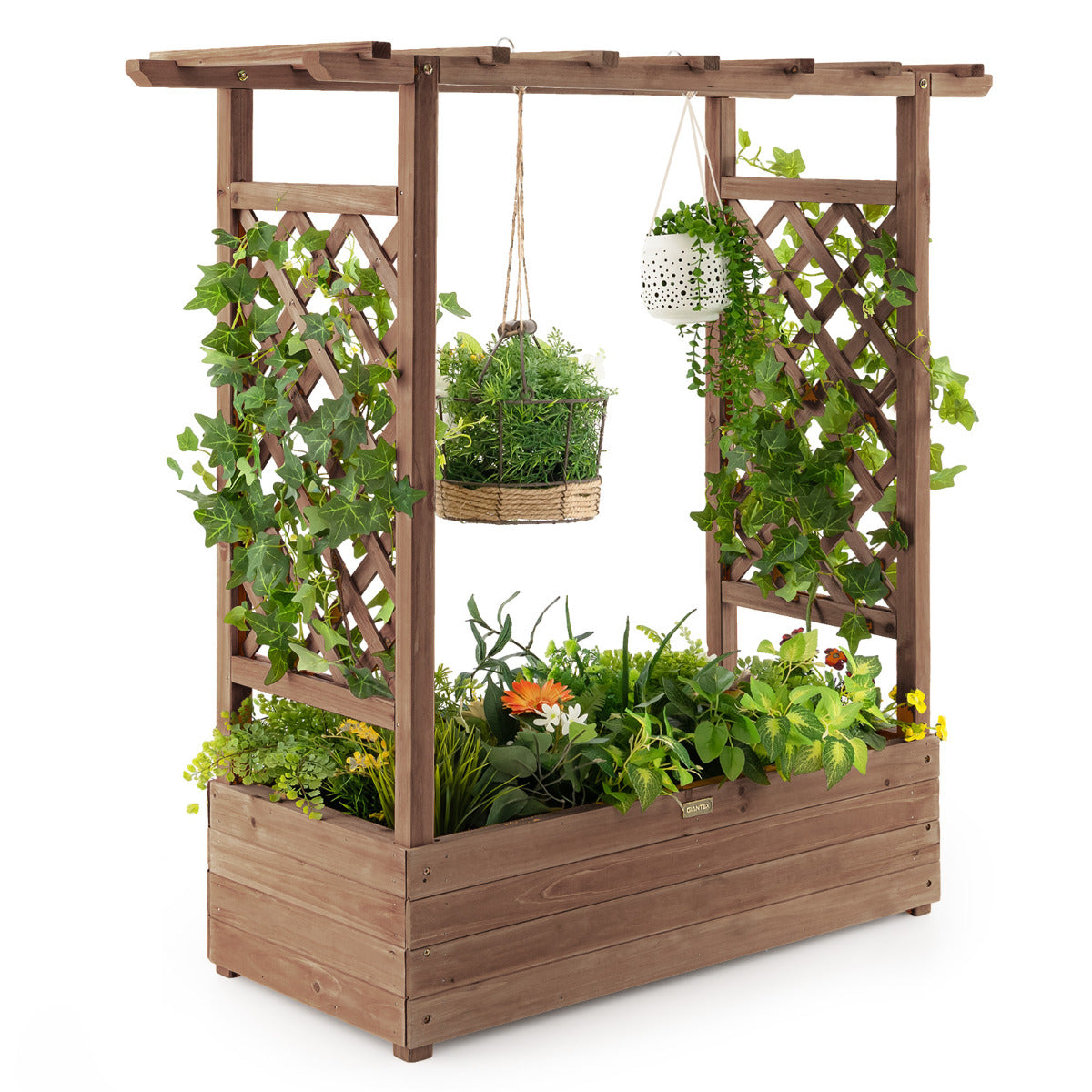 Jardinera Elevado con Enrejado Arqueado de Plantas Techo Colgante Macetero Orificios de Drenaje Contenedor Patio 100 x 44 x 113,5 cm Marrón