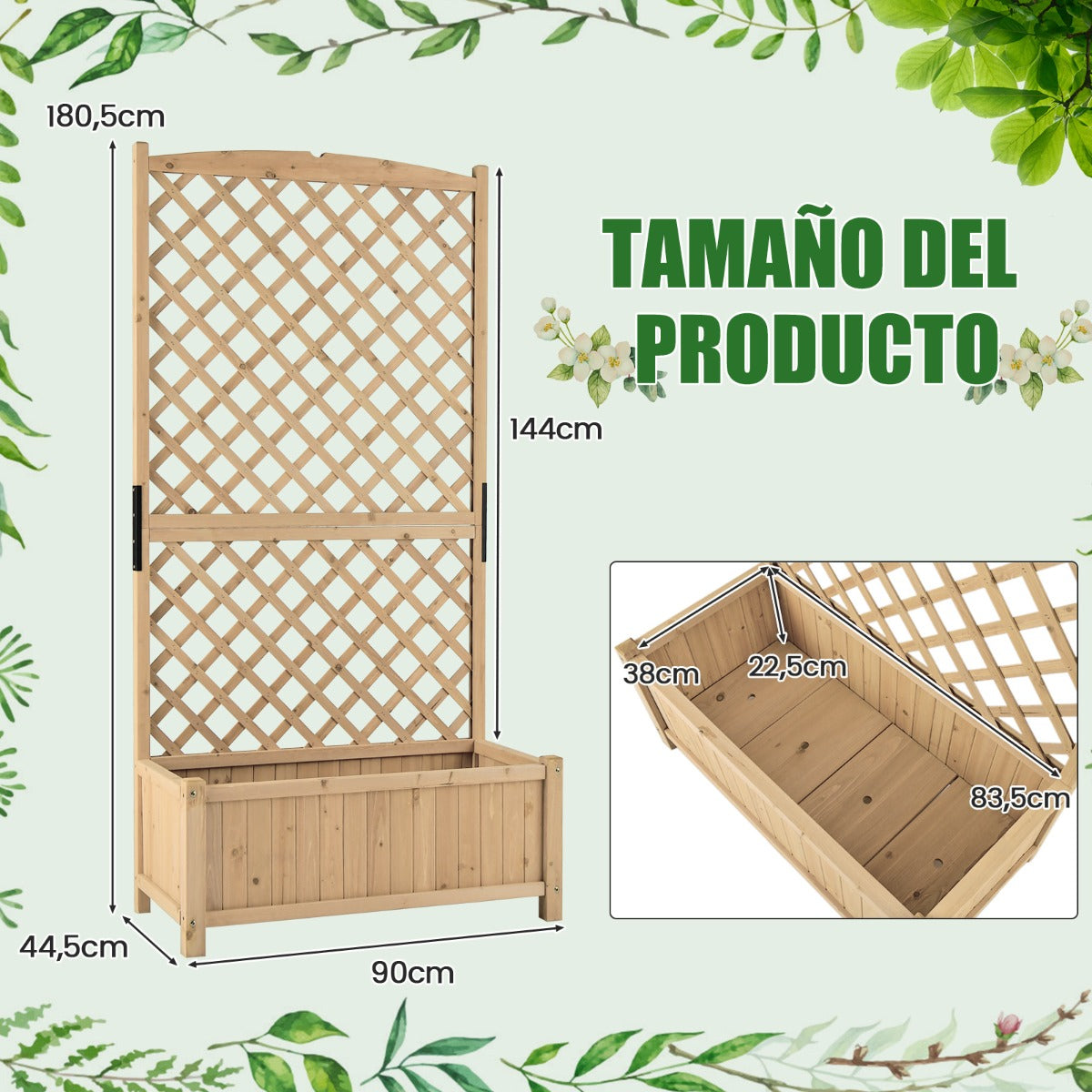 Jardinera Elevado con Caja de Cultivo y Orificios de Drenaje Macetero Vertical de Madera de Pie de 180 cm para Patio y Jardín Natural