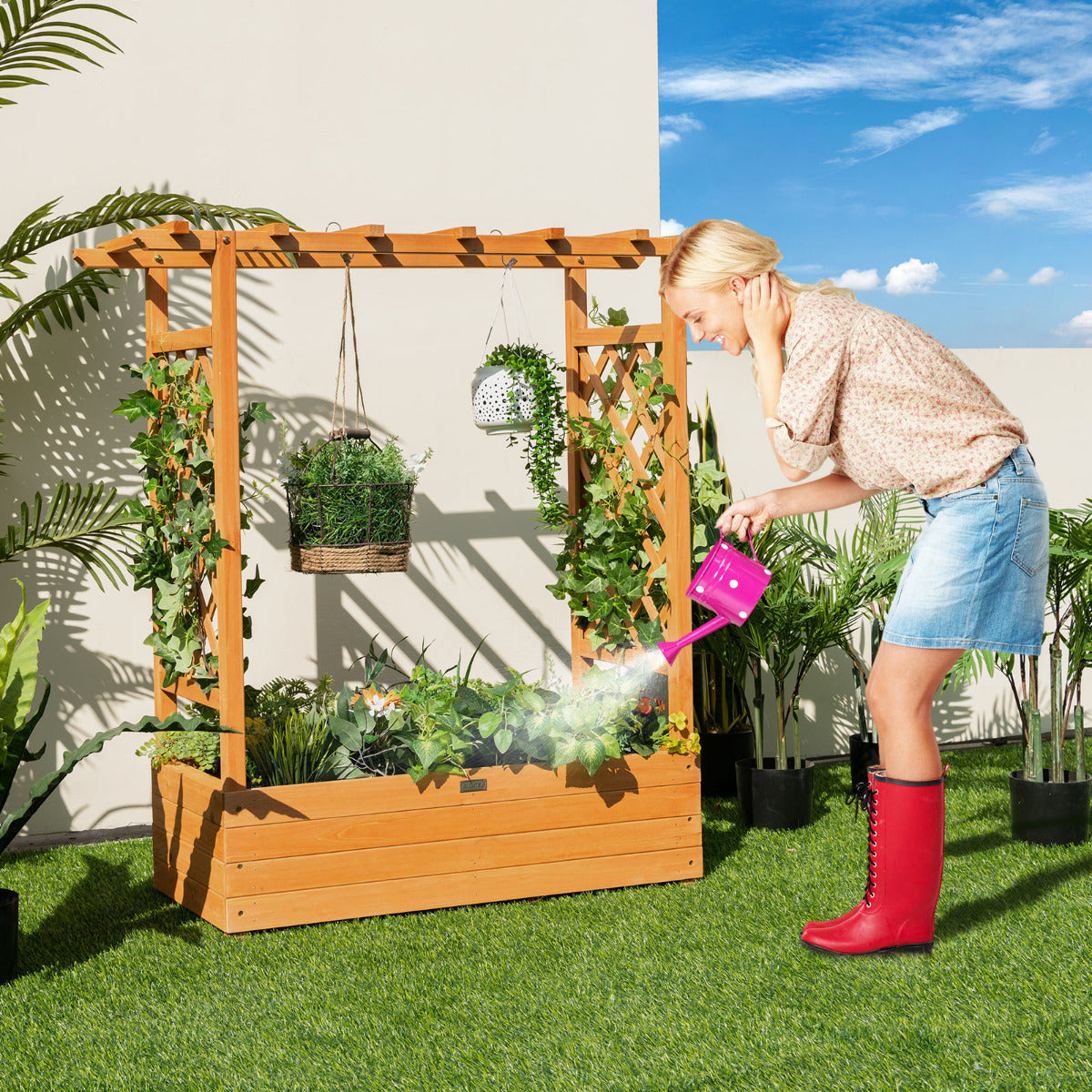 Jardinera Elevado con Enrejado Arqueado de Plantas Techo Colgante Macetero Orificios de Drenaje Contenedor Balcón Patio 100 x 44 x 113,5 cm