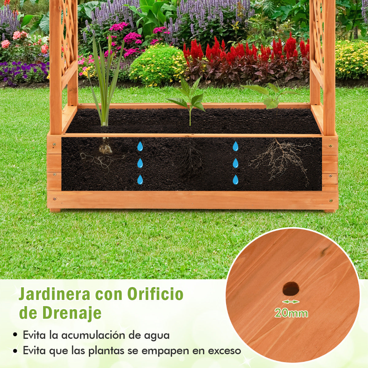Jardinera Elevado con Enrejado Arqueado de Plantas Techo Colgante Macetero Orificios de Drenaje Contenedor Balcón Patio 100 x 44 x 113,5 cm