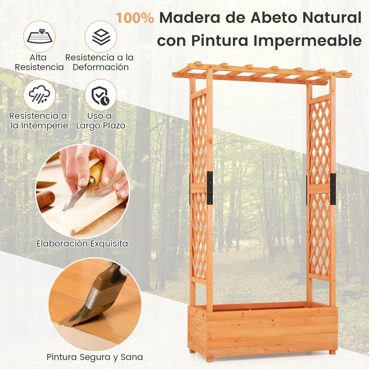 Jardinera Elevado de Madera con Enrejado de Arco Techo Colgante Macetero Orificio de Drenaje Contenedor para Patio 110 x 182 cm Naranja
