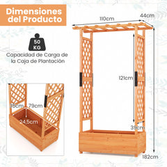 Jardinera Elevado de Madera con Enrejado de Arco Techo Colgante Macetero Orificio de Drenaje Contenedor para Patio 110 x 182 cm Naranja