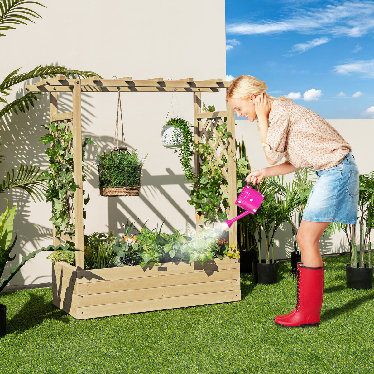 Jardinera Elevado con Enrejado Arqueado de Plantas Techo Colgante Macetero Orificios de Drenaje Contenedor Patio 100 x 44 x 113,5 cm Natural