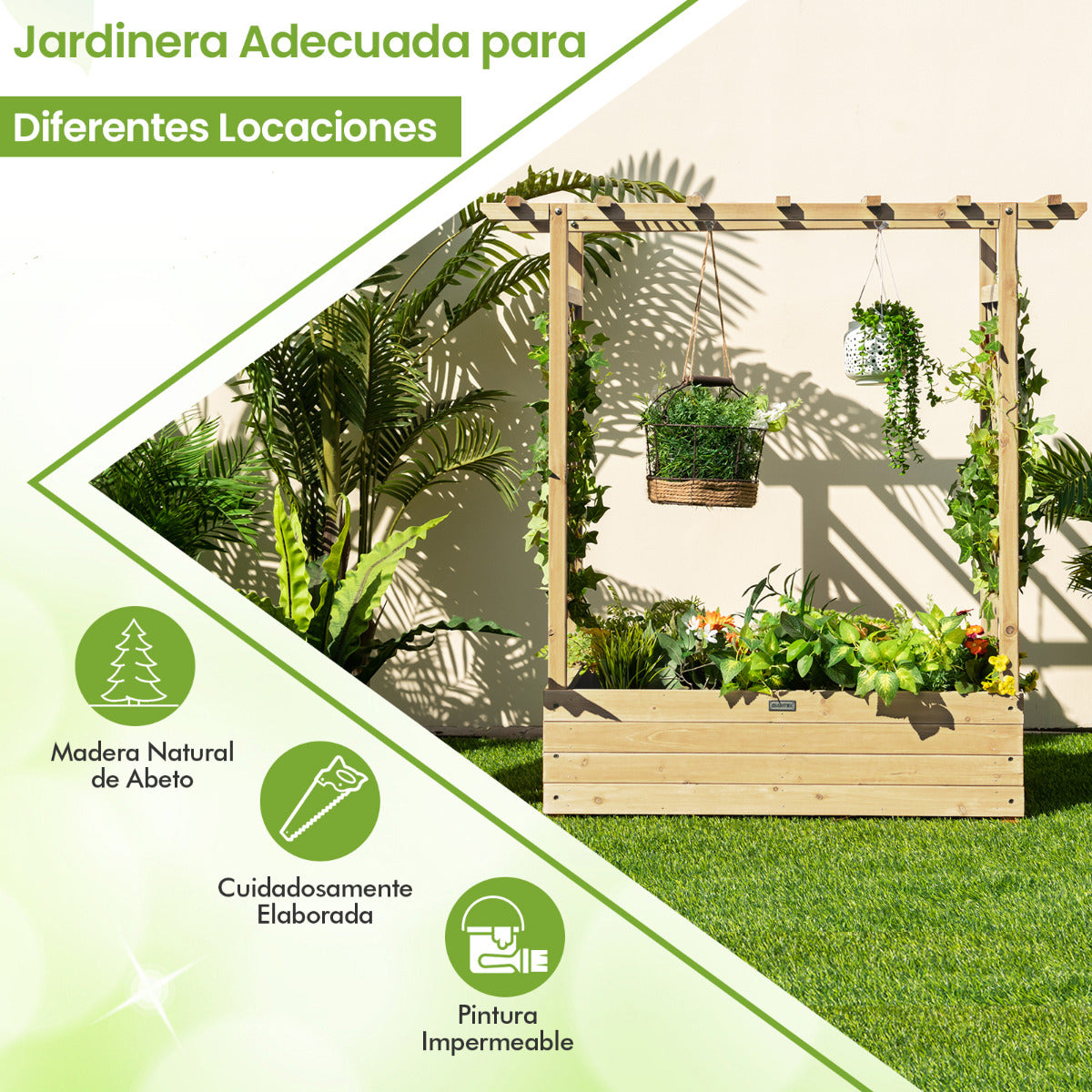 Jardinera Elevado con Enrejado Arqueado de Plantas Techo Colgante Macetero Orificios de Drenaje Contenedor Patio 100 x 44 x 113,5 cm Natural