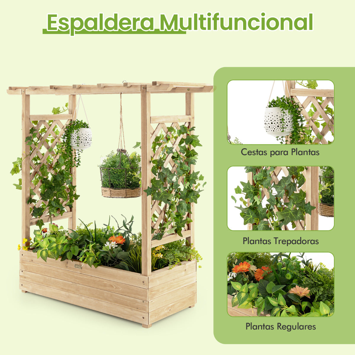 Jardinera Elevado con Enrejado Arqueado de Plantas Techo Colgante Macetero Orificios de Drenaje Contenedor Patio 100 x 44 x 113,5 cm Natural