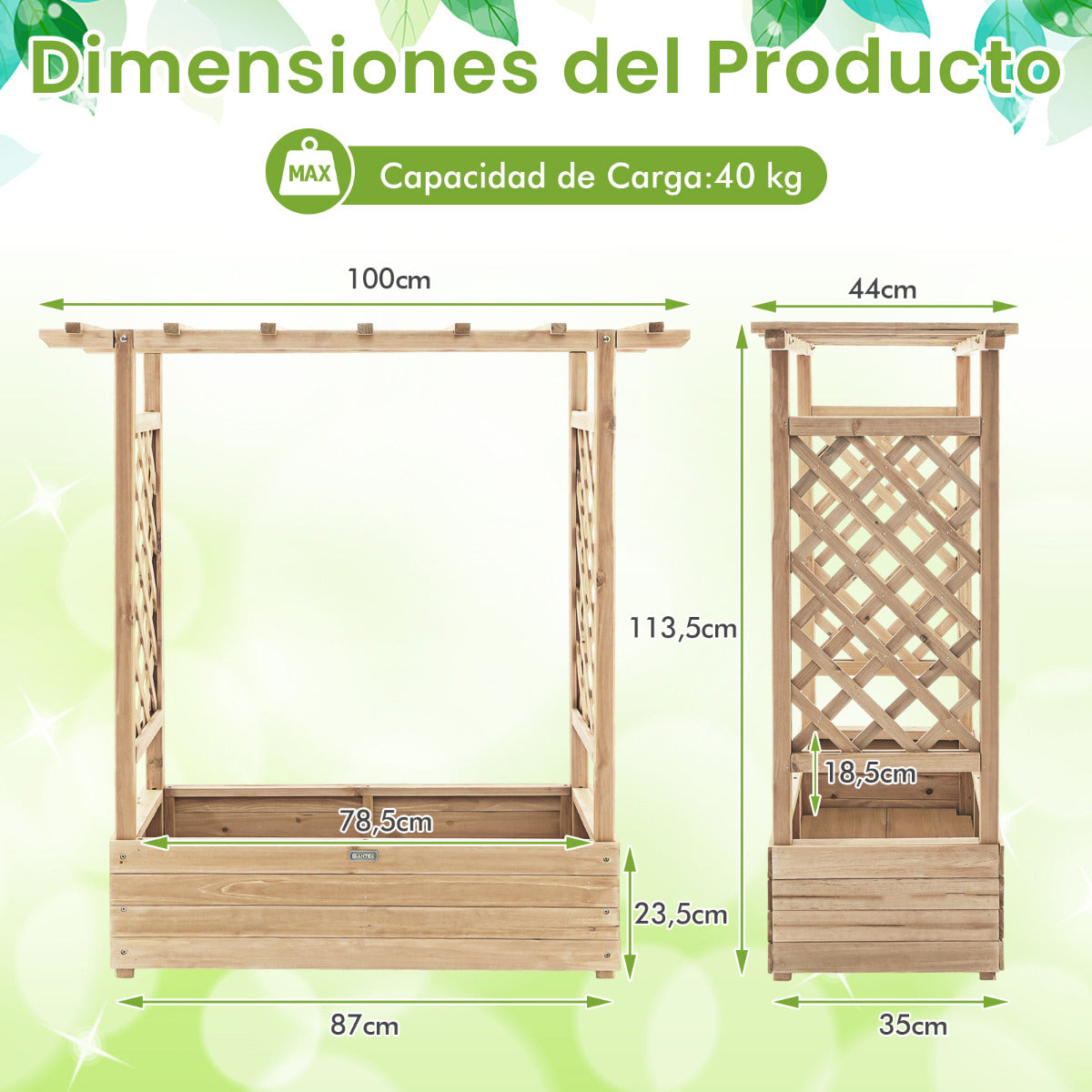 Jardinera Elevado con Enrejado Arqueado de Plantas Techo Colgante Macetero Orificios de Drenaje Contenedor Patio 100 x 44 x 113,5 cm Natural