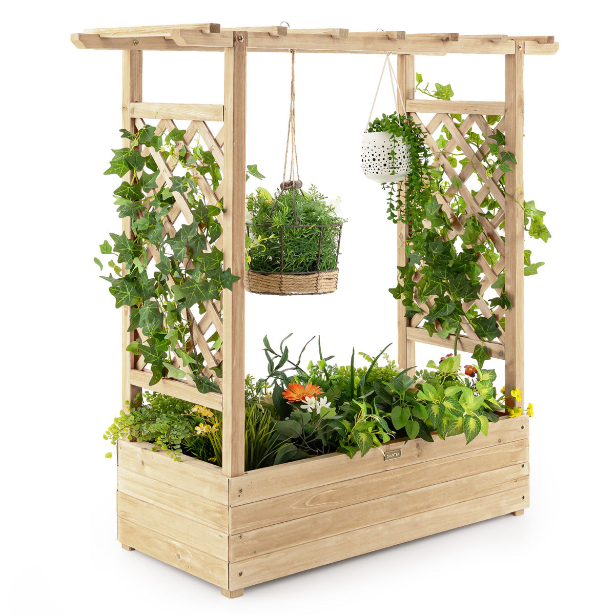 Jardinera Elevado con Enrejado Arqueado de Plantas Techo Colgante Macetero Orificios de Drenaje Contenedor Patio 100 x 44 x 113,5 cm Natural