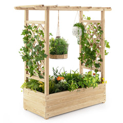Jardinera Elevado con Enrejado Arqueado de Plantas Techo Colgante Macetero Orificios de Drenaje Contenedor Patio 100 x 44 x 113,5 cm Natural