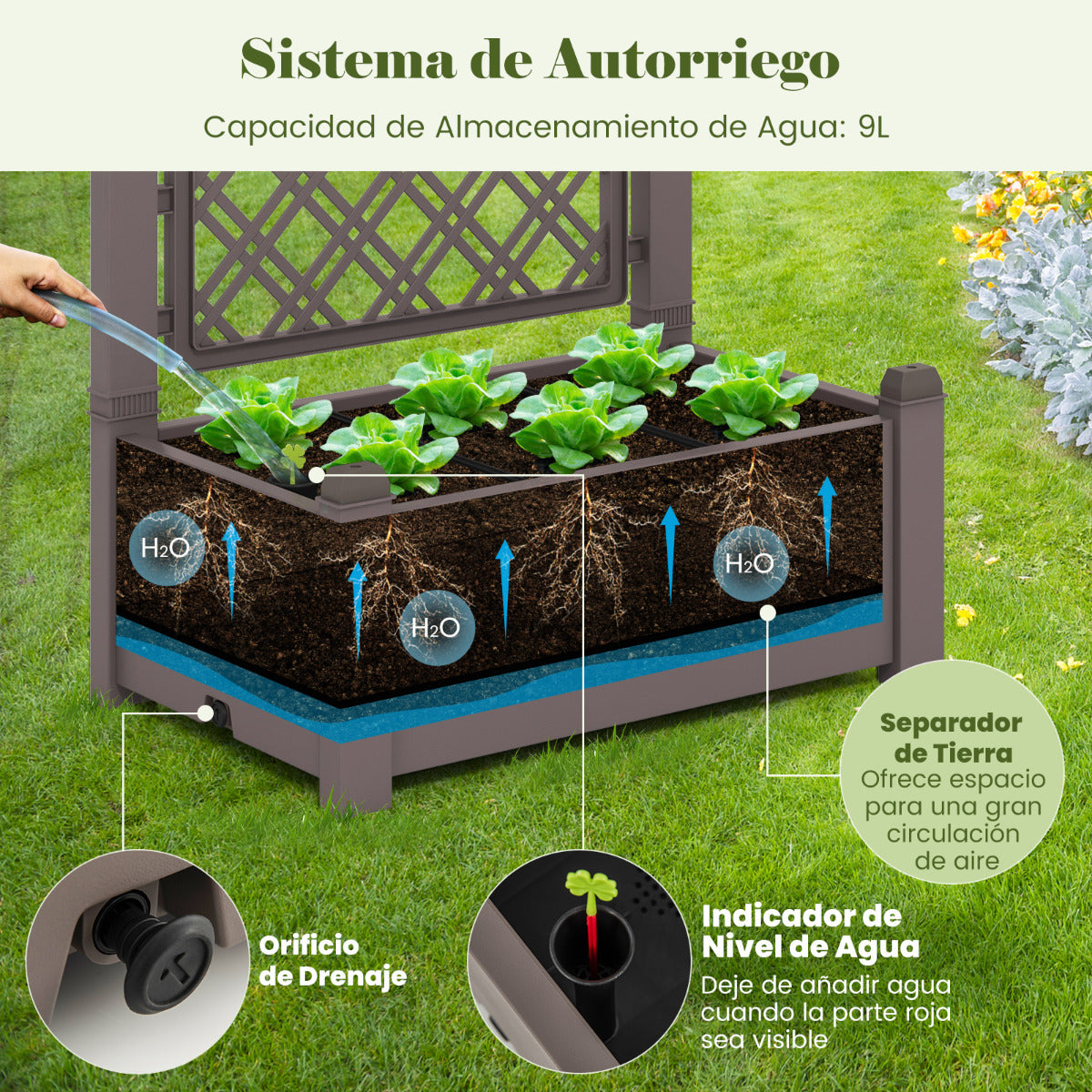 Jardinera con Enrejado de 3 Alturas Riego Automático Indicador de Nivel de Agua Divisores de Espacio Extraíbles 76 x 45 x 150 cm Marron
