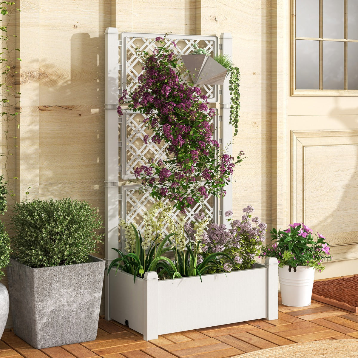 Jardinera con Enrejado de 3 Alturas Riego Automático Indicador de Nivel de Agua Divisores de Espacio Extraíbles 76 x 45 x 150 cm Blanco