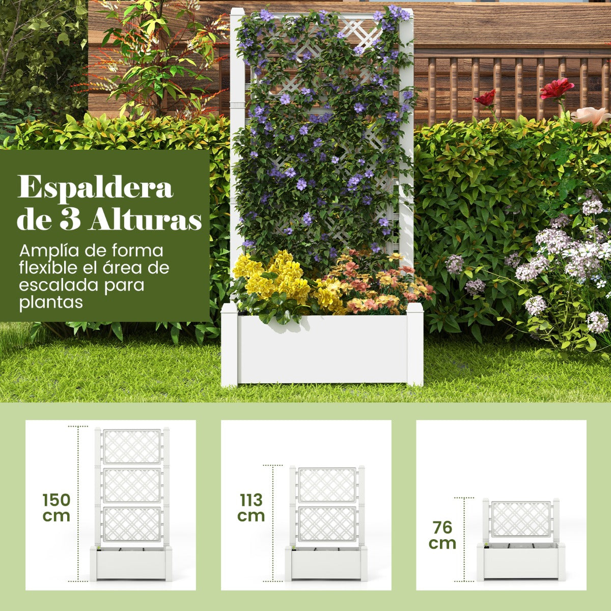 Jardinera con Enrejado de 3 Alturas Riego Automático Indicador de Nivel de Agua Divisores de Espacio Extraíbles 76 x 45 x 150 cm Blanco