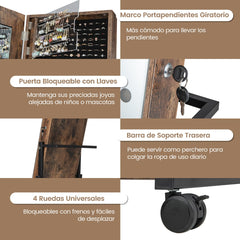 Gabinete de Joyería de Pie con Cerradura LED de 3 Colores Espejo de Maquillaje Altura Ángulo Ajustables y Ruedas Universales Marrón