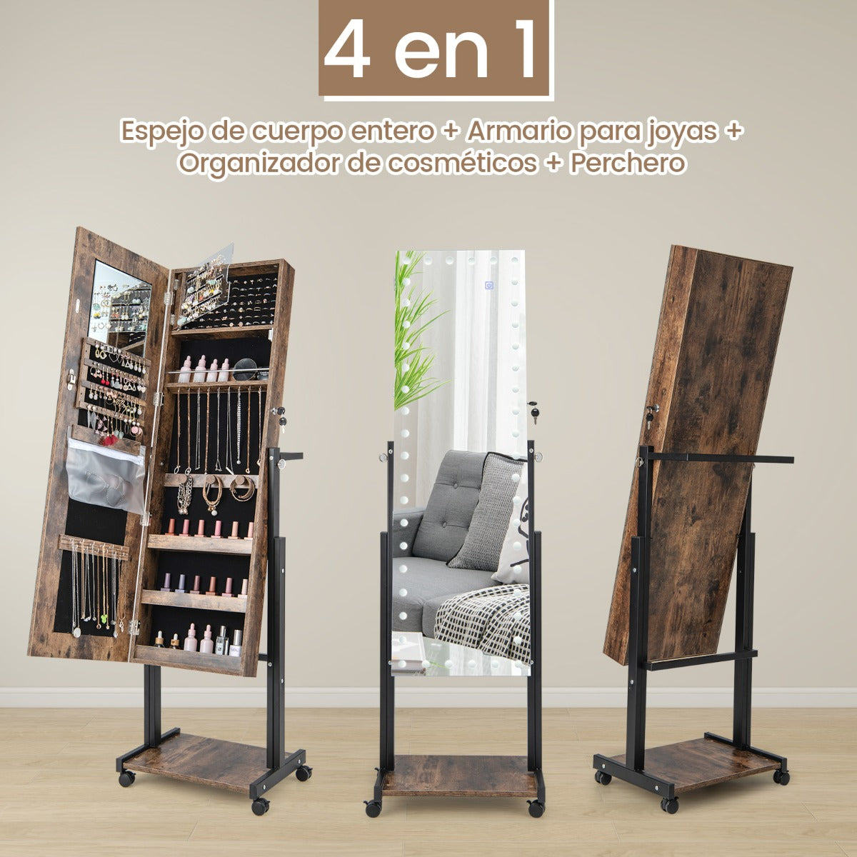 Gabinete de Joyería de Pie con Cerradura LED de 3 Colores Espejo de Maquillaje Altura Ángulo Ajustables y Ruedas Universales Marrón