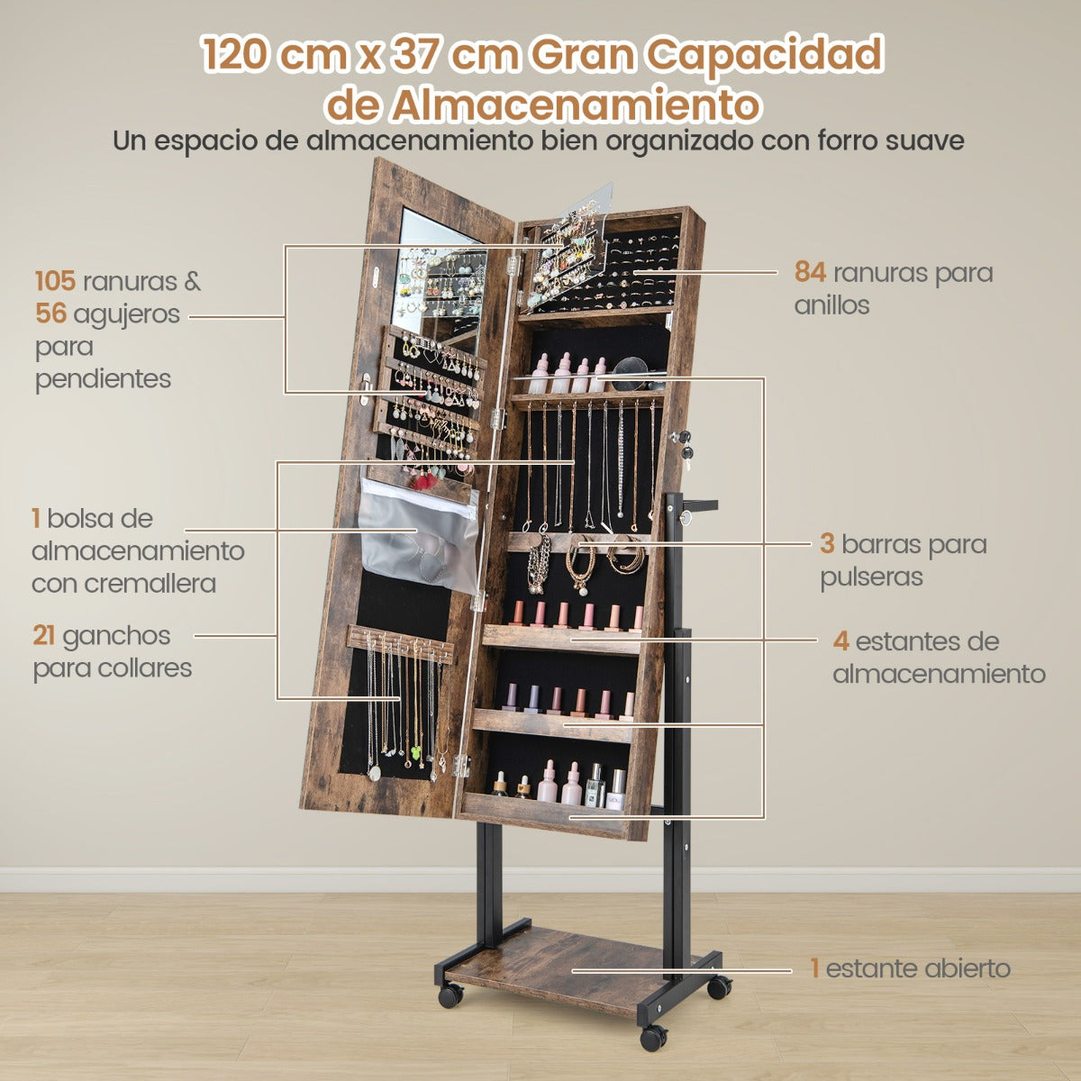Gabinete de Joyería de Pie con Cerradura LED de 3 Colores Espejo de Maquillaje Altura Ángulo Ajustables y Ruedas Universales Marrón