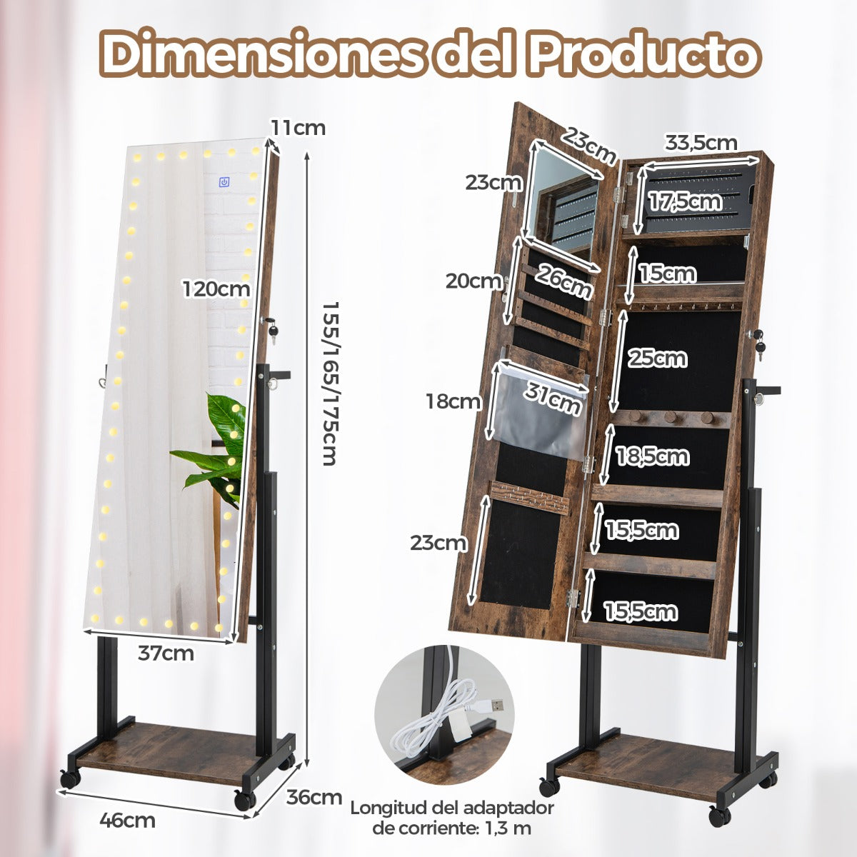 Gabinete de Joyería de Pie con Cerradura LED de 3 Colores Espejo de Maquillaje Altura Ángulo Ajustables y Ruedas Universales Marrón