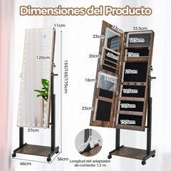 Gabinete de Joyería de Pie con Cerradura LED de 3 Colores Espejo de Maquillaje Altura Ángulo Ajustables y Ruedas Universales Marrón