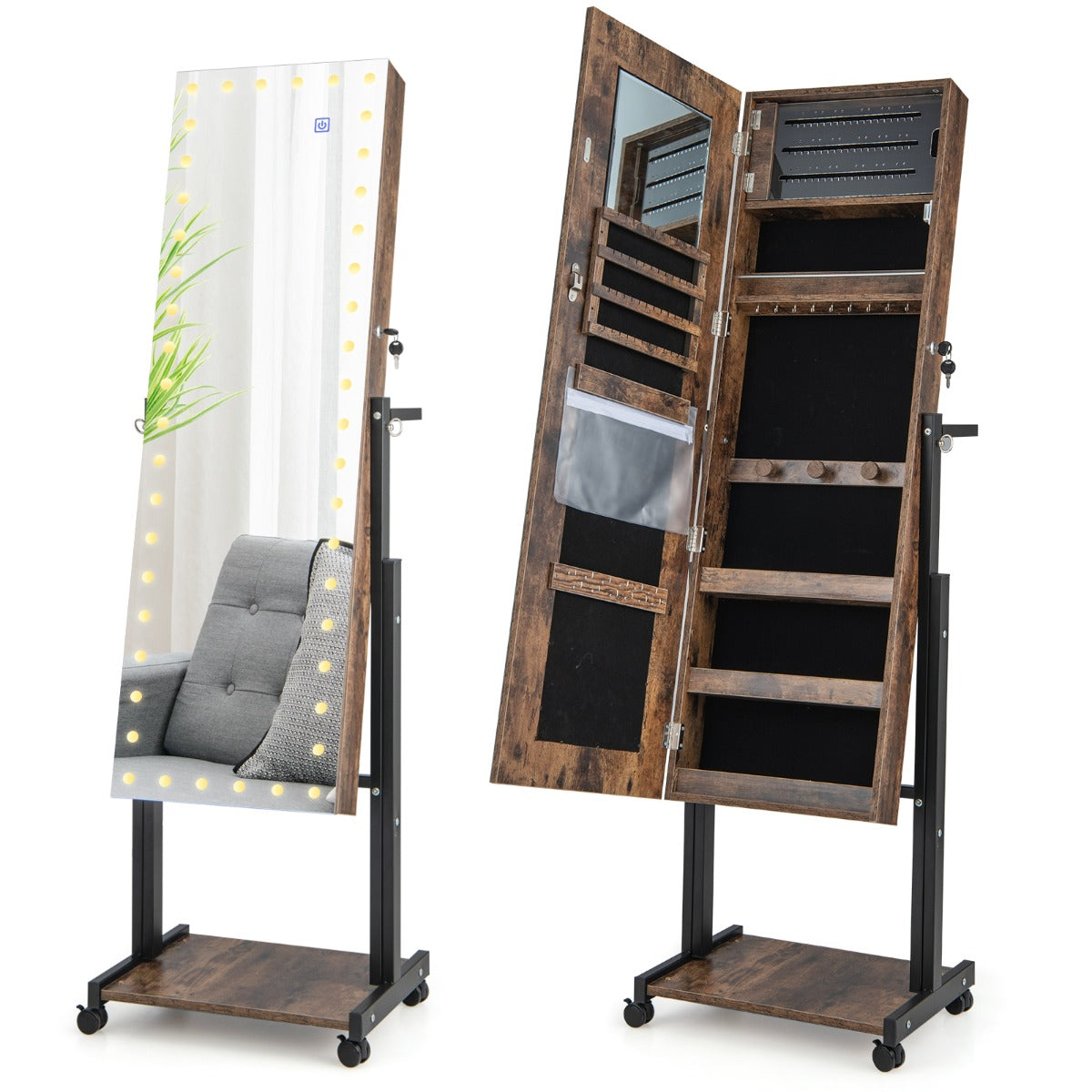 Gabinete de Joyería de Pie con Cerradura LED de 3 Colores Espejo de Maquillaje Altura Ángulo Ajustables y Ruedas Universales Marrón