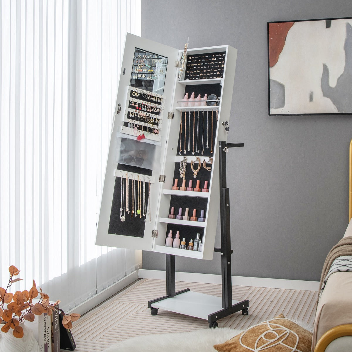 Gabinete de Joyería de Pie con Cerradura LED de 3 Colores Espejo de Maquillaje Altura Ángulo Ajustables y Ruedas Universales Blanco