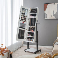 Gabinete de Joyería de Pie con Cerradura LED de 3 Colores Espejo de Maquillaje Altura Ángulo Ajustables y Ruedas Universales Blanco