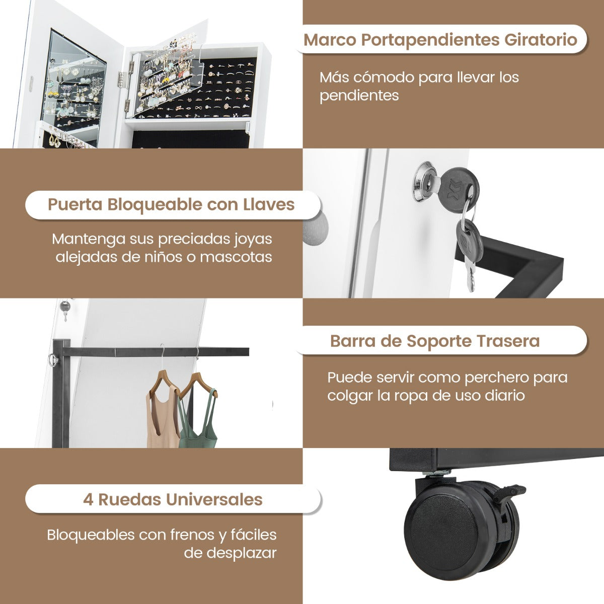 Gabinete de Joyería de Pie con Cerradura LED de 3 Colores Espejo de Maquillaje Altura Ángulo Ajustables y Ruedas Universales Blanco