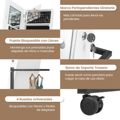 Gabinete de Joyería de Pie con Cerradura LED de 3 Colores Espejo de Maquillaje Altura Ángulo Ajustables y Ruedas Universales Blanco