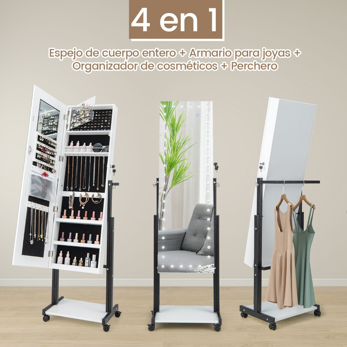 Gabinete de Joyería de Pie con Cerradura LED de 3 Colores Espejo de Maquillaje Altura Ángulo Ajustables y Ruedas Universales Blanco