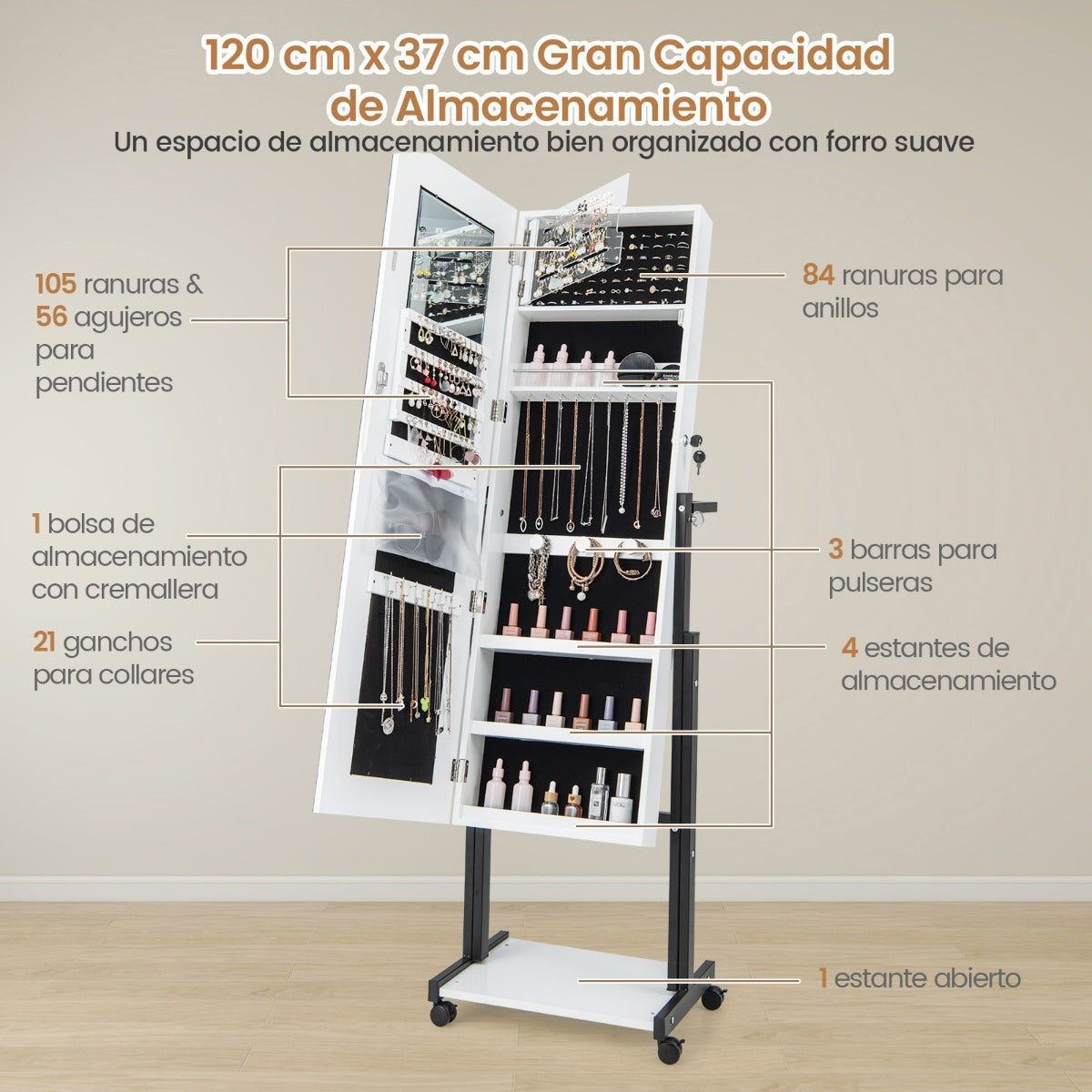 Gabinete de Joyería de Pie con Cerradura LED de 3 Colores Espejo de Maquillaje Altura Ángulo Ajustables y Ruedas Universales Blanco
