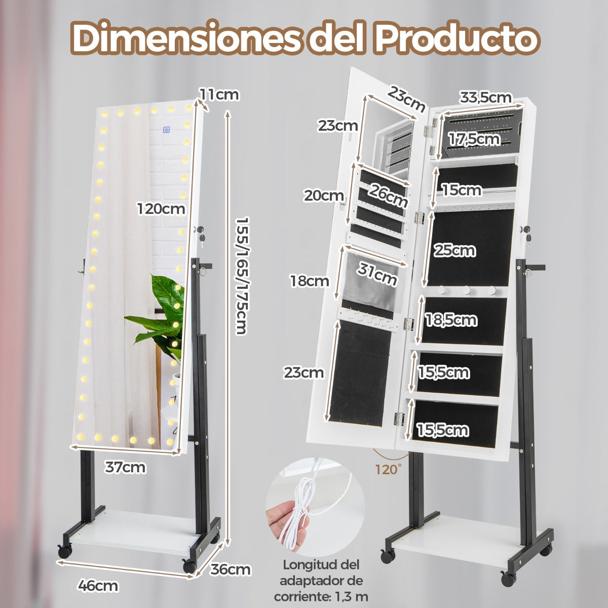 Gabinete de Joyería de Pie con Cerradura LED de 3 Colores Espejo de Maquillaje Altura Ángulo Ajustables y Ruedas Universales Blanco