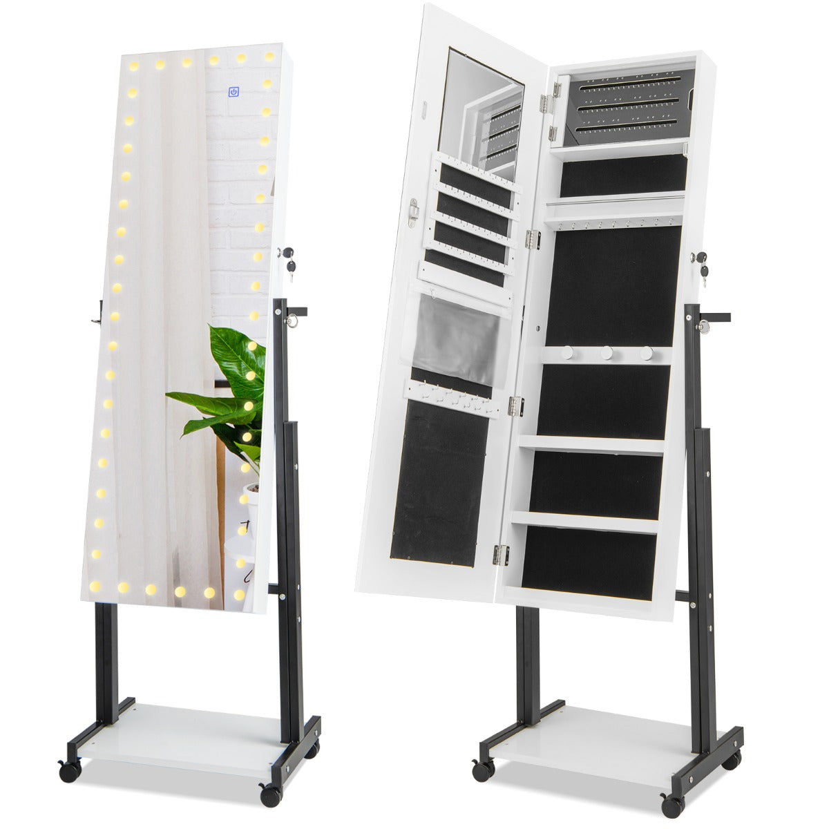 Gabinete de Joyería de Pie con Cerradura LED de 3 Colores Espejo de Maquillaje Altura Ángulo Ajustables y Ruedas Universales Blanco