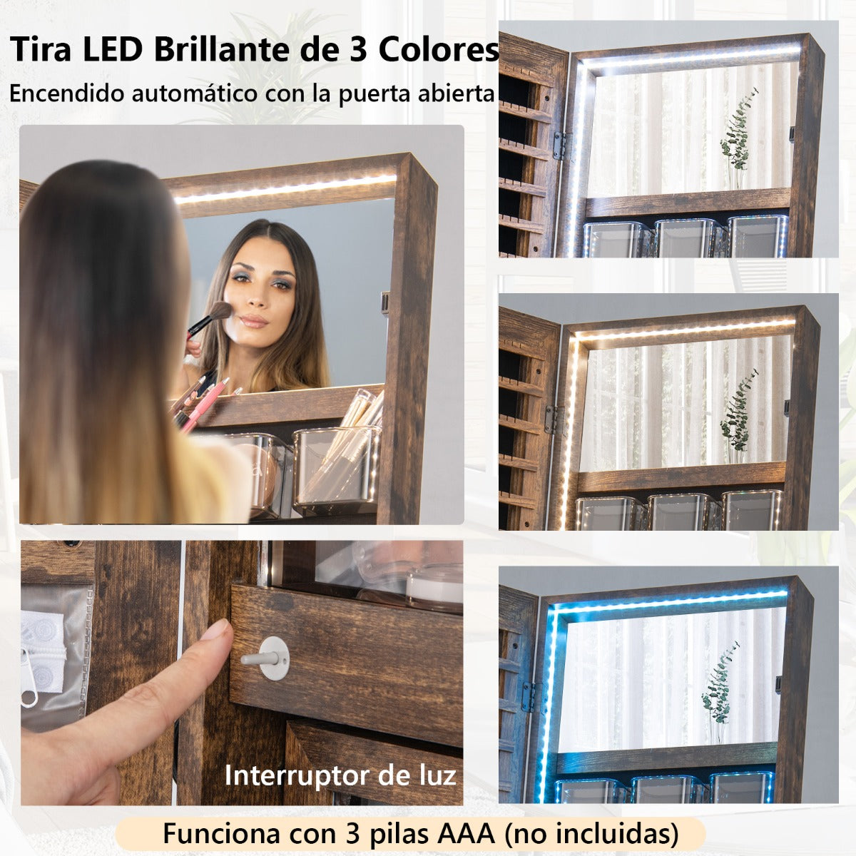 Joyero Independiente con Cerradura y Espejo de Cuerpo Entero Luces LED de 3 Colores Estante Inferior 41,5 x 37 x 157cm-Marrón