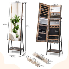 Joyero Independiente con Cerradura y Espejo de Cuerpo Entero Luces LED de 3 Colores Estante Inferior 41,5 x 37 x 157cm-Marrón