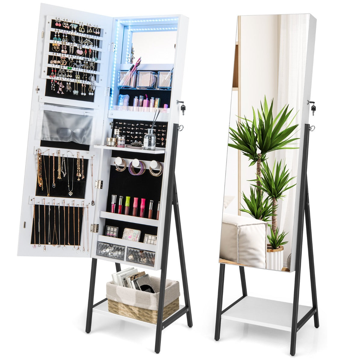 Joyero Independiente con Cerradura y Espejo de Cuerpo Entero Luces LED de 3 Colores Estante Inferior 41,5 x 37 x 157cm-Blanco
