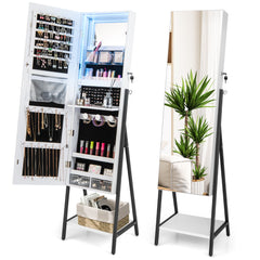 Joyero Independiente con Cerradura y Espejo de Cuerpo Entero Luces LED de 3 Colores Estante Inferior 41,5 x 37 x 157cm-Blanco