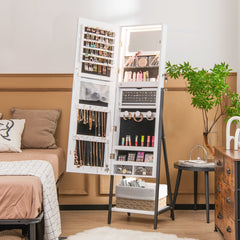 Joyero Independiente con Cerradura y Espejo de Cuerpo Entero Luces LED de 3 Colores Estante Inferior 41,5 x 37 x 157cm-Blanco