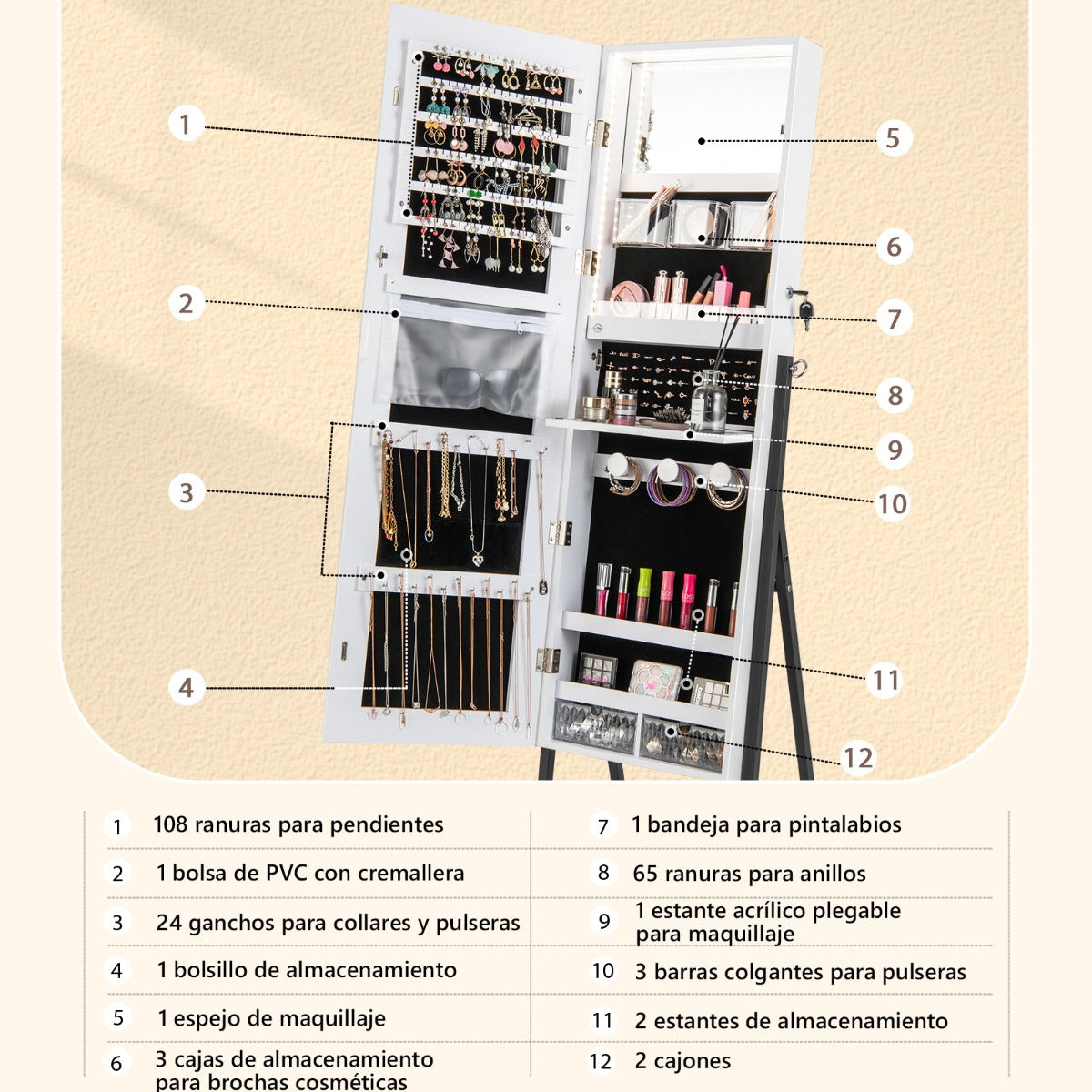 Joyero Independiente con Cerradura y Espejo de Cuerpo Entero Luces LED de 3 Colores Estante Inferior 41,5 x 37 x 157cm-Blanco