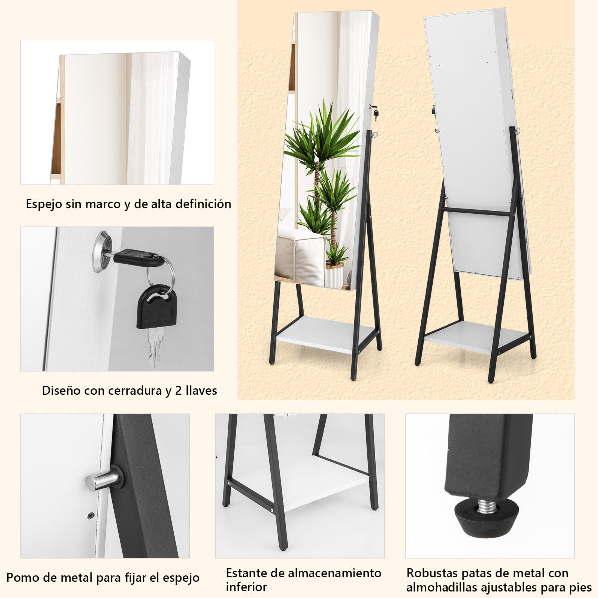 Joyero Independiente con Cerradura y Espejo de Cuerpo Entero Luces LED de 3 Colores Estante Inferior 41,5 x 37 x 157cm-Blanco