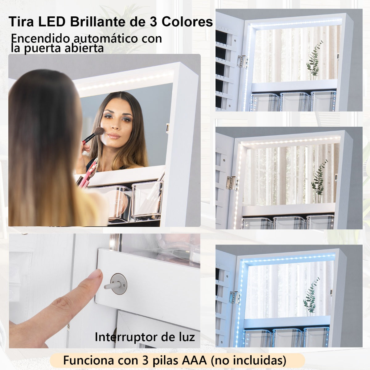Joyero Independiente con Cerradura y Espejo de Cuerpo Entero Luces LED de 3 Colores Estante Inferior 41,5 x 37 x 157cm-Blanco