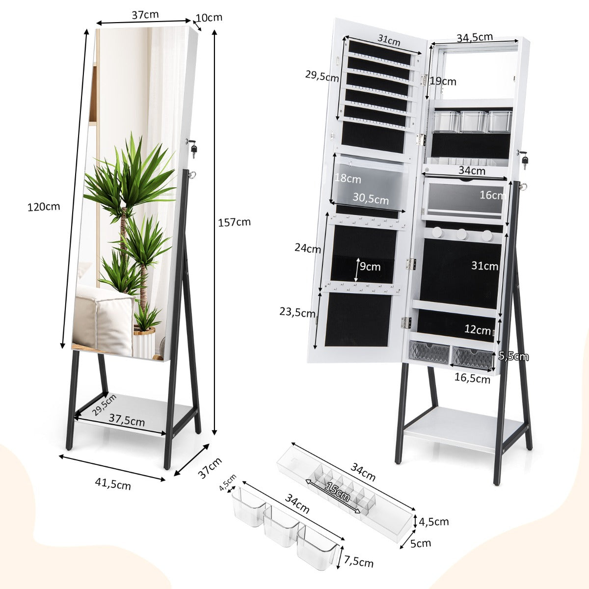 Joyero Independiente con Cerradura y Espejo de Cuerpo Entero Luces LED de 3 Colores Estante Inferior 41,5 x 37 x 157cm-Blanco