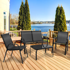 Juego 4 Piezas de Muebles para Jardín con Mesa de Café de Cristal Templado Banco y 2 Sillas Set de Conversación de Exterior Patio Piscina