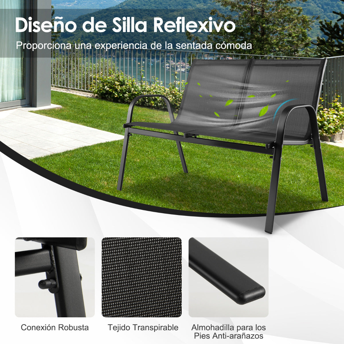 Juego 4 Piezas de Muebles para Jardín con Mesa de Café de Cristal Templado Banco y 2 Sillas Set de Conversación de Exterior Patio Piscina