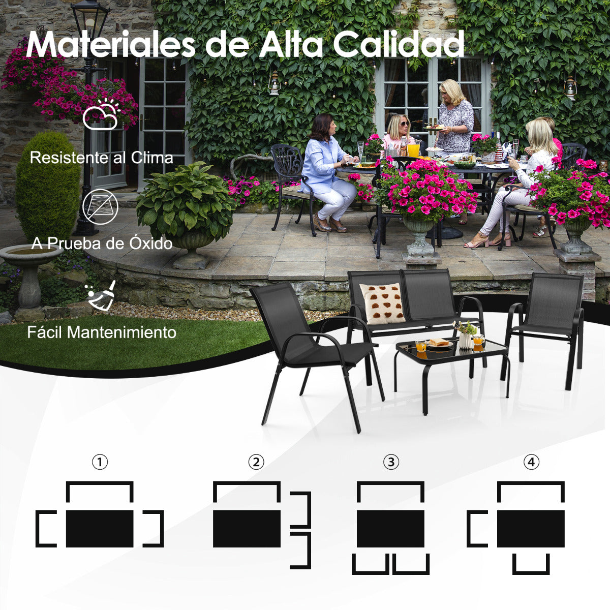 Juego 4 Piezas de Muebles para Jardín con Mesa de Café de Cristal Templado Banco y 2 Sillas Set de Conversación de Exterior Patio Piscina