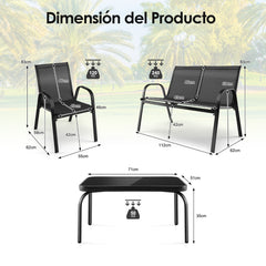Juego 4 Piezas de Muebles para Jardín con Mesa de Café de Cristal Templado Banco y 2 Sillas Set de Conversación de Exterior Patio Piscina