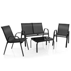 Juego 4 Piezas de Muebles para Jardín con Mesa de Café de Cristal Templado Banco y 2 Sillas Set de Conversación de Exterior Patio Piscina