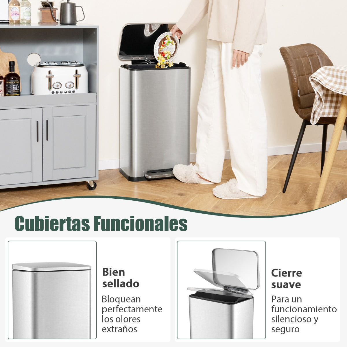Juego Combinado de Botes de Basura de Acero con Escalones de 40L y 6L Cubos Interiores Desmontables Bote de Basura para Cocina Plata
