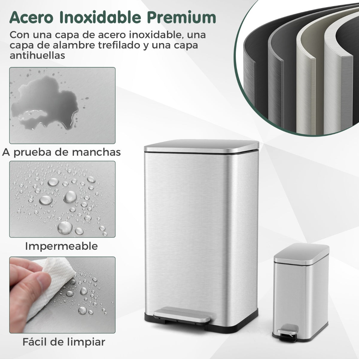 Juego Combinado de Botes de Basura de Acero con Escalones de 40L y 6L Cubos Interiores Desmontables Bote de Basura para Cocina Plata