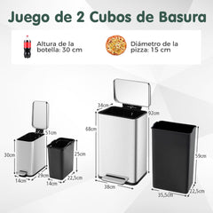 Juego Combinado de Botes de Basura de Acero con Escalones de 40L y 6L Cubos Interiores Desmontables Bote de Basura para Cocina Plata