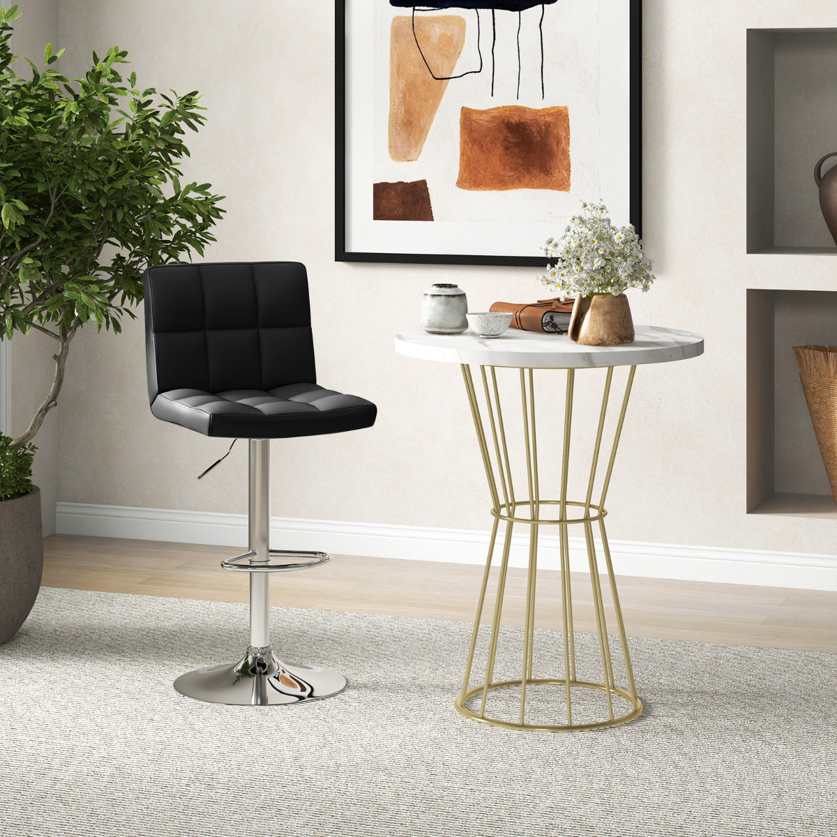Juego de 1 Taburetes de Piel Sintética con Altura Ajustable Asiento Giratorio de 360° Reposapiés y Base Metálica Silla de Comedor Negro