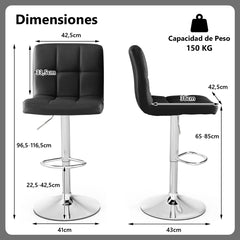 Juego de 1 Taburetes de Piel Sintética con Altura Ajustable Asiento Giratorio de 360° Reposapiés y Base Metálica Silla de Comedor Negro