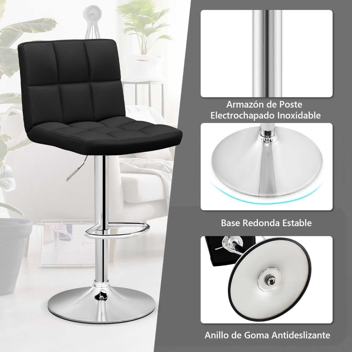 Juego de 1 Taburetes de Piel Sintética con Altura Ajustable Asiento Giratorio de 360° Reposapiés y Base Metálica Silla de Comedor Negro